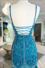 Load image into Gallery viewer, Blue Homecoming Dress 2023 Short Spaghetti Straps Sequin with Tassels