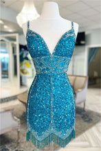 Load image into Gallery viewer, Blue Homecoming Dress 2023 Short Spaghetti Straps Sequin with Tassels