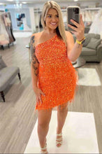 Load image into Gallery viewer, Orange Homecoming Dress 2023 Short One-shoulder Sequin with Feathers
