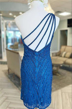 Load image into Gallery viewer, Blue Homecoming Dress 2023 Short One-shoulder Sequin Ruched