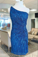 Load image into Gallery viewer, Blue Homecoming Dress 2023 Short One-shoulder Sequin Ruched
