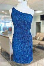 Load image into Gallery viewer, Blue Homecoming Dress 2023 Short One-shoulder Sequin Ruched