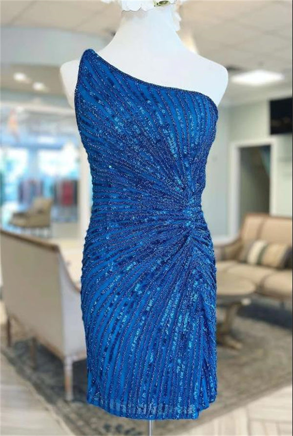 Blue Homecoming Dress 2023 Short One-shoulder Sequin Ruched