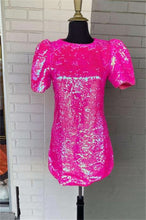 Load image into Gallery viewer, Hot Pink Homecoming Dress 2023 Short Jewel Neck Sequin with Sleeves