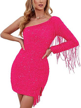 Load image into Gallery viewer, Sexy Homecoming Dress 2023 Short One-shoulder Long Sleeves Sequin with Tassels