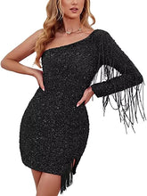 Load image into Gallery viewer, Sexy Homecoming Dress 2023 Short One-shoulder Long Sleeves Sequin with Tassels
