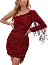 Load image into Gallery viewer, Sexy Homecoming Dress 2023 Short One-shoulder Long Sleeves Sequin with Tassels