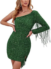 Load image into Gallery viewer, Sexy Homecoming Dress 2023 Short One-shoulder Long Sleeves Sequin with Tassels