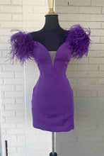 Load image into Gallery viewer, Purple Homecoming Dress 2023 Short V Neck Sleeveless Satin with Feathers