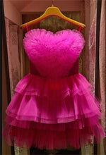 Load image into Gallery viewer, Hot Pink Homecoming Dress 2023 Short Spaghetti Straps Tulle Tiered