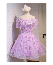 Load image into Gallery viewer, Fairy Lilac Homecoming Dress 2023 Short Off the Shoulder Floral Tulle