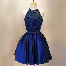 Load image into Gallery viewer, Royal Blue Homecoming Dress 2023 Short Beaded Halter Neck Satin