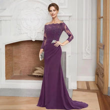 Load image into Gallery viewer, Mermaid Mother of the Bride Dresses Lace Beaded Wedding Guest Dress Boat Neck Chiffon Formal Dress 3/4 Sleevess
