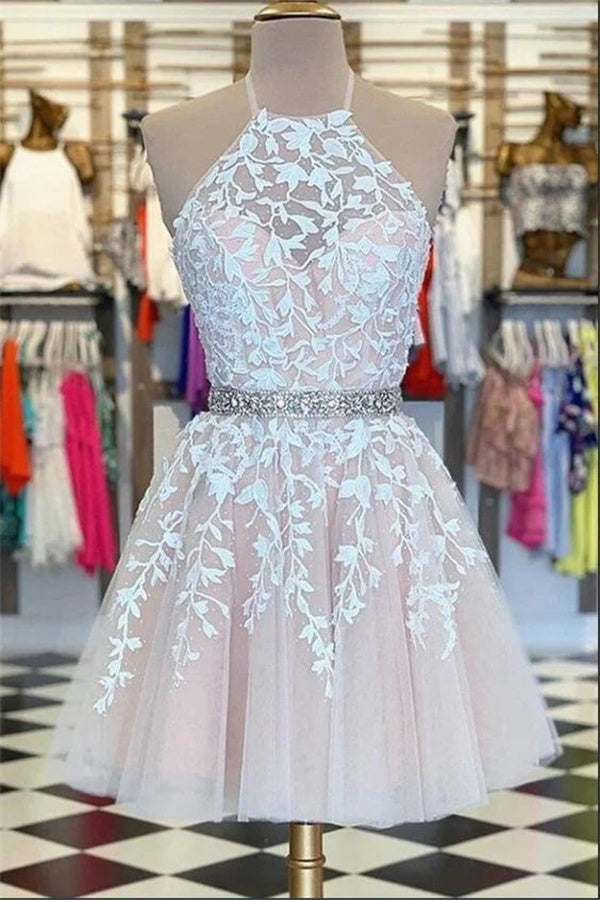 Pink Homecoming Dress 2023 Short Halter Neck Tulle with Appliques DCdress Pink Homecoming Dress 2023 Short Halter Neck Tulle with Appliques DCdress
