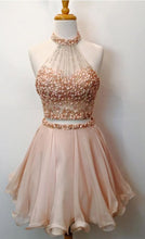 Load image into Gallery viewer, Dusty Pink Homecoming Dress 2023 Short Two Piece Halter Neck Beaded Tulle