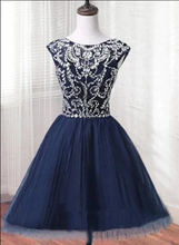 Load image into Gallery viewer, Dark Blue Homecoming Dress 2023 Short Beaded Sleeveless Tulle