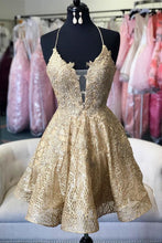 Load image into Gallery viewer, Gold Homecoming Dress 2023 Short Halter Neck Sequin
