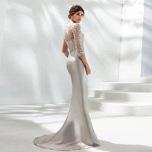Load image into Gallery viewer, Silver Mermaid Mother of the Bride Dresses Lace Appliques Satin Wedding Guest Dress Illusion Neck Formal Dress 3/4 Sleeves