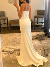 Load image into Gallery viewer, White Strapless V Neck Satin Long Mermaid Prom Dress With Slit