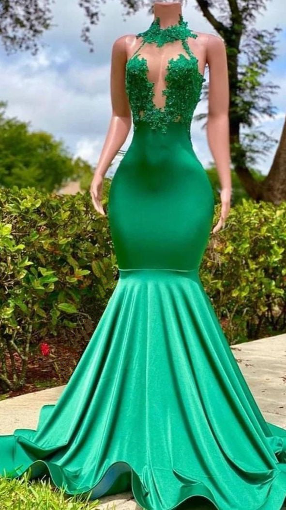 Green Black Girl Prom Dress 2024 Halter Neck Lace Appliques Satin – DCdress