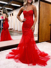Load image into Gallery viewer, Mermaid Sweetheart Tulle Lace Applique Prom Dress With Beaded
