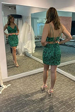 Load image into Gallery viewer, Two Piece Homecoming Dress 2023 Short Tight Spaghetti Straps Sequin Corset Back