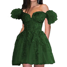 Load image into Gallery viewer, Fairy Homecoming Dress 2023 Short Off the Shoulder Tulle with Appliques Feathers