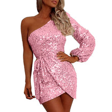Load image into Gallery viewer, Sparkly Homecoming Dress 2023 Short One-shoulder Long Sleeve Sequin Split