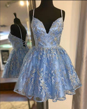 Load image into Gallery viewer, Blue Homecoming Dress 2023 Short Spaghetti Straps Tulle with Appliques