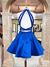 Load image into Gallery viewer, Royal Blue Homecoming Dress 2023 Short Two Piece Halter Neck Satin