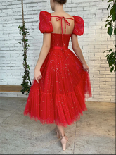 Load image into Gallery viewer, Red Homecoming Dress 2023 Square Neck Tulle Sparkly with Sleeves