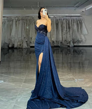 Load image into Gallery viewer, Mermaid Sweetheart Neck Glitter Prom Dress Sleeveless with Slit and Streamer