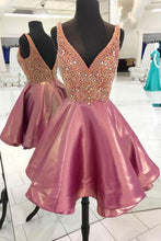 Load image into Gallery viewer, Cute Homecoming Dress 2023 Short V Neck Sleeveless Beaded Satin