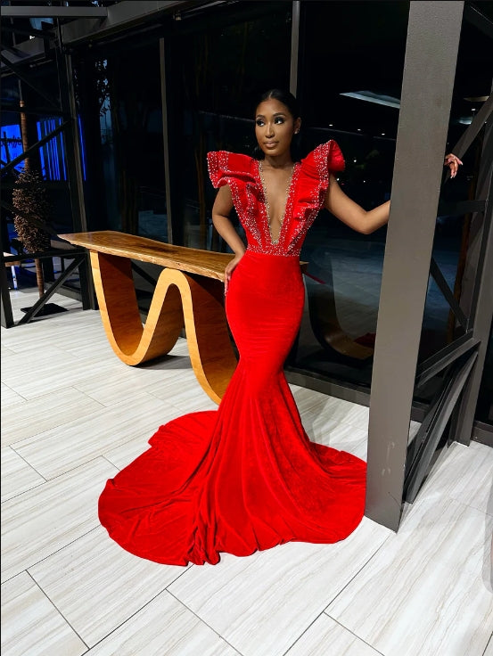 Red Black Girl Prom Dress 2024 Plunging V Neck Velvet Mermaid