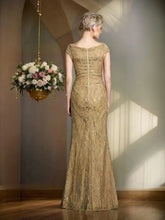 Load image into Gallery viewer, Gold Mother of the Bride Dresses Lace Mermaid Wedding Guest Dress Long Evening Dress Short Sleeves