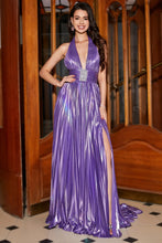 Load image into Gallery viewer, Purple Halter Pleated Beaded Metallic Glitter Long Prom Dress with Slit