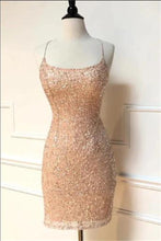 Load image into Gallery viewer, Champagne Homecoming Dress 2023 Halter Neck Sequin Corset Back