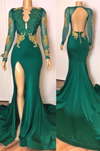 Load image into Gallery viewer, Black Girl Prom Dress 2024 V Neck Satin Long Sleeves Lace Appliques
