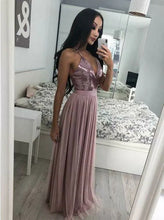Load image into Gallery viewer, Spaghetti Straps Long A Line Sequin Prom Dresses Tulle V Neck Evening Gown