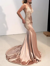Load image into Gallery viewer, Mermaid V-neck Sleeveless Sweep Train Satin Prom Dresses With Applique
