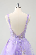 Load image into Gallery viewer, Lilac Spaghetti Straps Corset Embroidered Homecoming Dress with Sequins