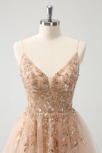 Load image into Gallery viewer, Blush Spaghetti Straps A Line Tulle Homecoming Dress with Sequin Appliques