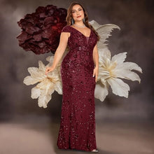 Load image into Gallery viewer, Burgundy Mermaid V Neck Plus Size Mother of the Bride Dress with Sequin Appliques