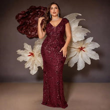 Load image into Gallery viewer, Burgundy Mermaid V Neck Plus Size Mother of the Bride Dress with Sequin Appliques