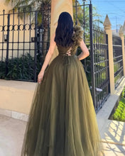 Load image into Gallery viewer, One-Shoulder Olive Green Split Tulle A Line Prom Dress With Slit