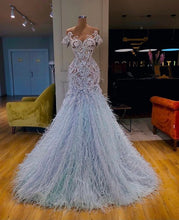 Load image into Gallery viewer, Blue Black Girl Prom Dress 2024 Off the Shoulder Sequin with Feathers