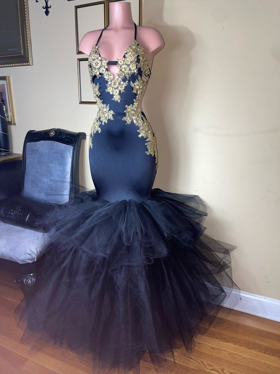 Black Girl Prom Dress 2024 Halter Neck Lace Appliques Mermaid – DCdress