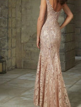 Load image into Gallery viewer, Mermaid Mother of the Bride Dresses Beaded Lace Wedding Guest Dress Cowl Collar Tulle Long Formal Dress Cap Sleeves