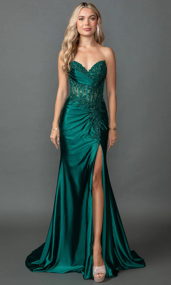 Strapless Beaded Lace Applique Corset Satin Mermaid Prom Dress With Sl DCdress Strapless Beaded Lace Applique Corset Satin Mermaid Prom Dress With Sl DCdress