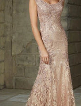 Load image into Gallery viewer, Mermaid Mother of the Bride Dresses Beaded Lace Wedding Guest Dress Cowl Collar Tulle Long Formal Dress Cap Sleeves